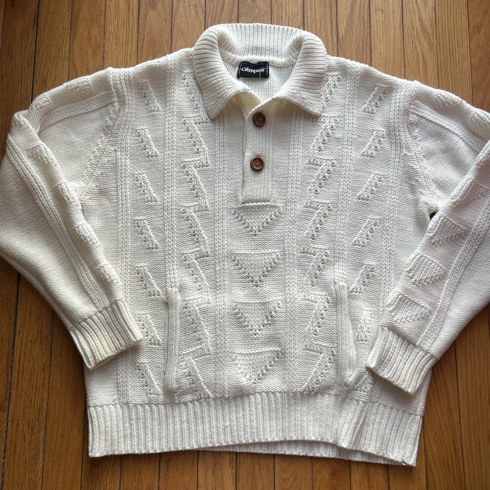 Vintage Ivory XL Knit‎ Acrylic CAMPUS Academia Chunky Fisherman Grandpa Sweater